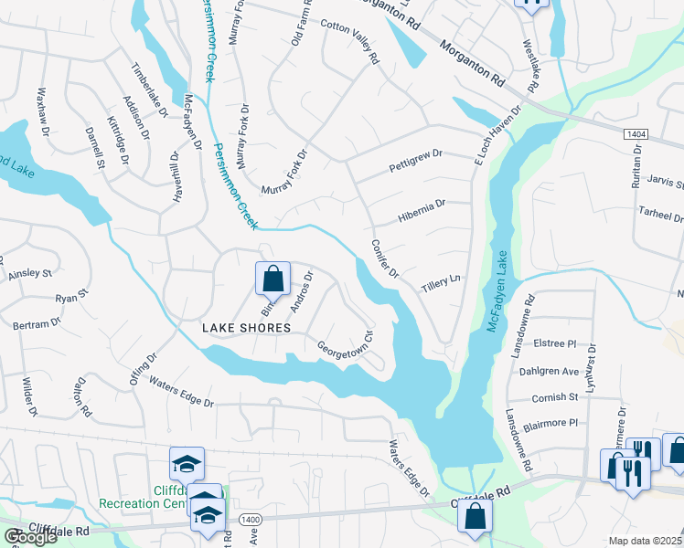 map of restaurants, bars, coffee shops, grocery stores, and more near 387 Conifer Drive in Fayetteville