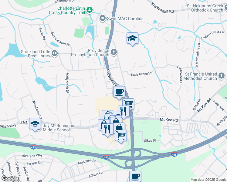 map of restaurants, bars, coffee shops, grocery stores, and more near 5201 Berkeley Estates Drive in Charlotte
