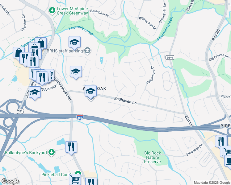map of restaurants, bars, coffee shops, grocery stores, and more near 6722 Red Maple Drive in Charlotte