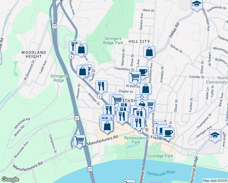 map of restaurants, bars, coffee shops, grocery stores, and more near 420 West Bell Avenue in Chattanooga