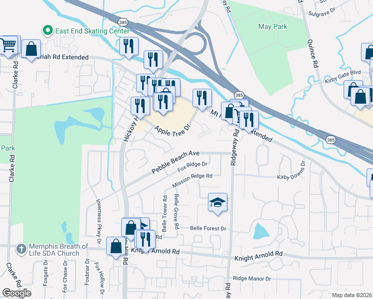 map of restaurants, bars, coffee shops, grocery stores, and more near 6085 Apple Tree Drive in Memphis