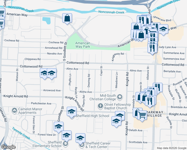 map of restaurants, bars, coffee shops, grocery stores, and more near 2947 Danville Road in Memphis