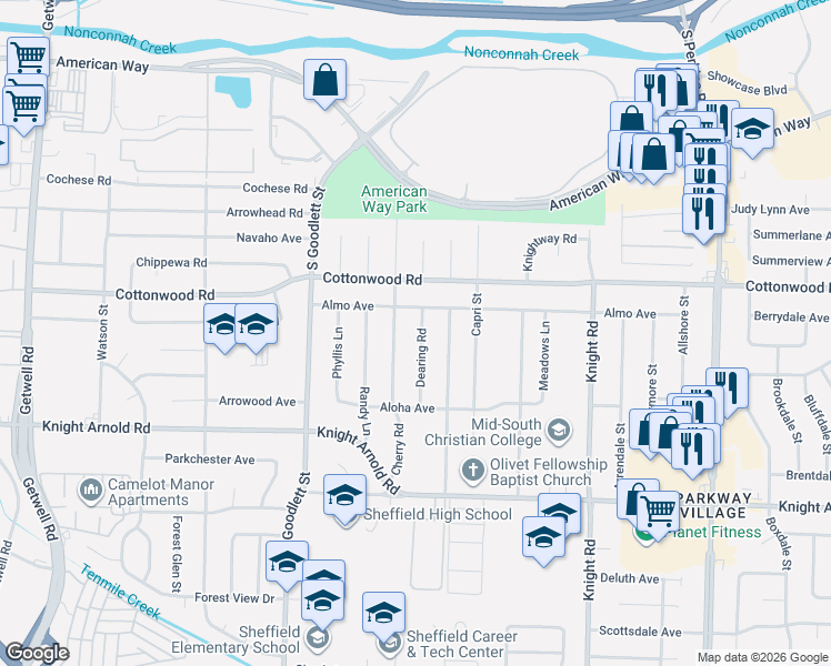 map of restaurants, bars, coffee shops, grocery stores, and more near 2946 Cherry Road in Memphis