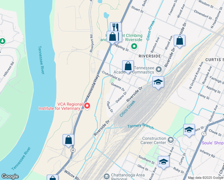 map of restaurants, bars, coffee shops, grocery stores, and more near 2131 Elena Drive in Chattanooga