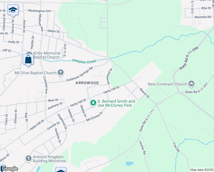 map of restaurants, bars, coffee shops, grocery stores, and more near 302 Arrowood Drive in Gaffney