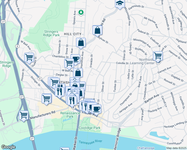 map of restaurants, bars, coffee shops, grocery stores, and more near 539 Woodland Avenue in Chattanooga