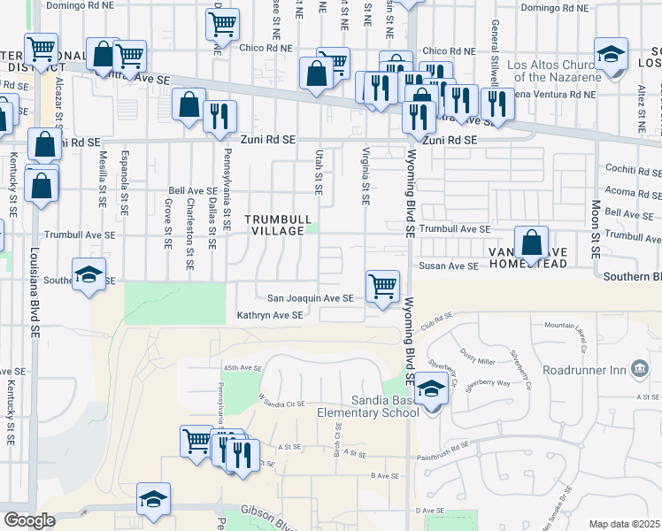 map of restaurants, bars, coffee shops, grocery stores, and more near 530 Utah Street Southeast in Albuquerque