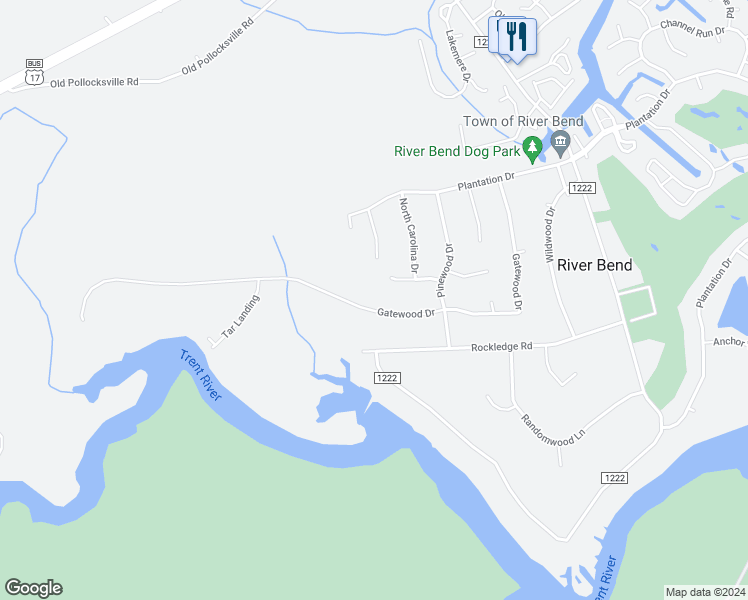 map of restaurants, bars, coffee shops, grocery stores, and more near 113 Massachusetts Rd in New Bern