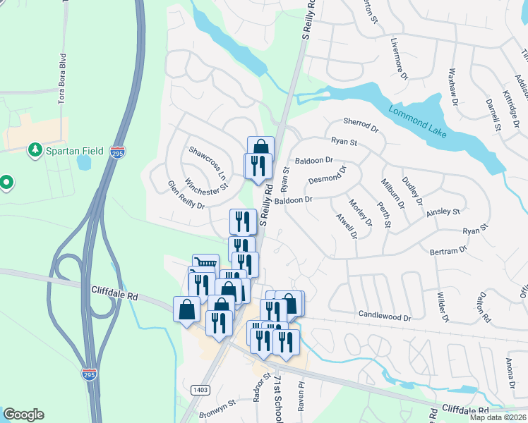map of restaurants, bars, coffee shops, grocery stores, and more near 568 S Reilly Rd in Fayetteville