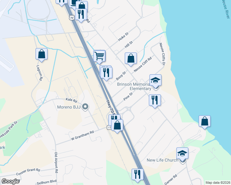 map of restaurants, bars, coffee shops, grocery stores, and more near 425 Bouy Street in New Bern