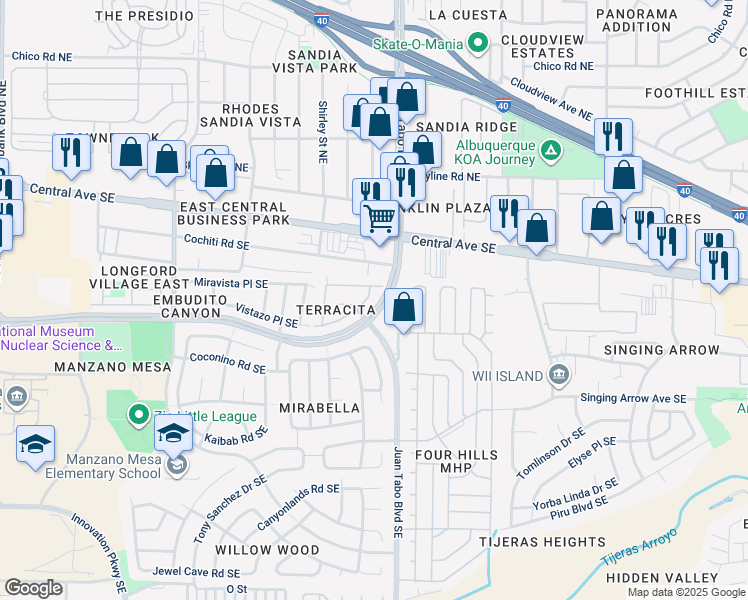 map of restaurants, bars, coffee shops, grocery stores, and more near 11715 Terra Bella Southeast Lane in Albuquerque