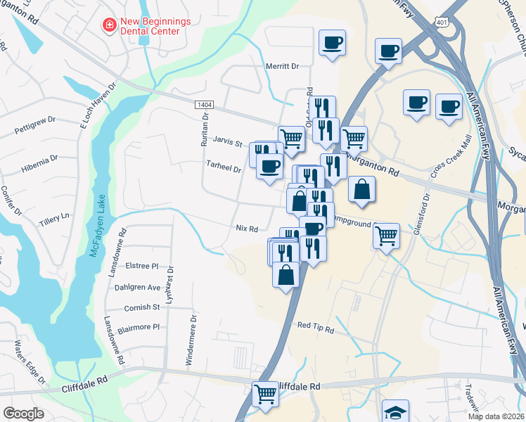 map of restaurants, bars, coffee shops, grocery stores, and more near 4615 Campground Road in Fayetteville