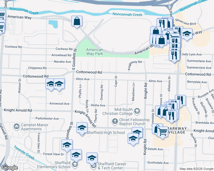 map of restaurants, bars, coffee shops, grocery stores, and more near 2947 Danville Road in Memphis