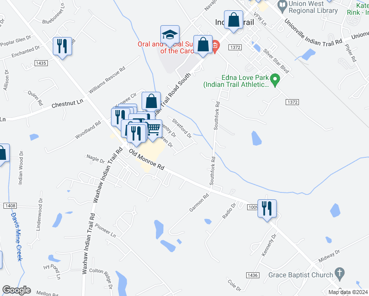 map of restaurants, bars, coffee shops, grocery stores, and more near 299 Coventry Drive in Indian Trail