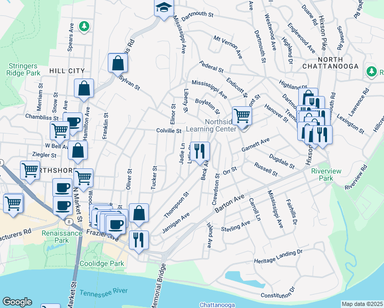 map of restaurants, bars, coffee shops, grocery stores, and more near 671 Tremont Place in Chattanooga