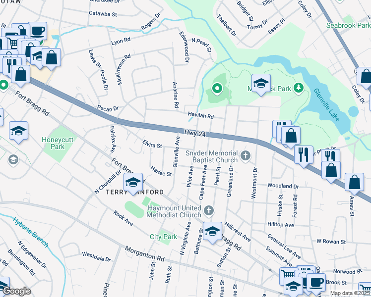map of restaurants, bars, coffee shops, grocery stores, and more near 705 Pilot Avenue in Fayetteville