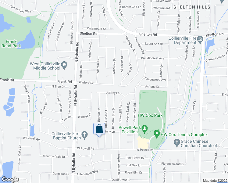 map of restaurants, bars, coffee shops, grocery stores, and more near 550 Jeffrey Lane in Collierville