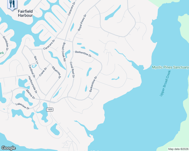 map of restaurants, bars, coffee shops, grocery stores, and more near 1116 Barkentine Dr in New Bern