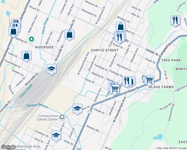 map of restaurants, bars, coffee shops, grocery stores, and more near 2605 Curtis Street in Chattanooga