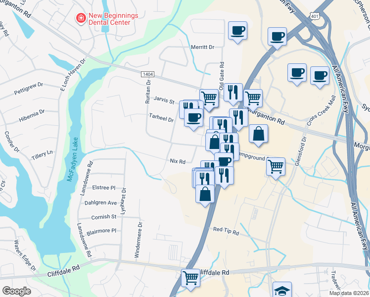map of restaurants, bars, coffee shops, grocery stores, and more near 4615 Campground Road in Fayetteville