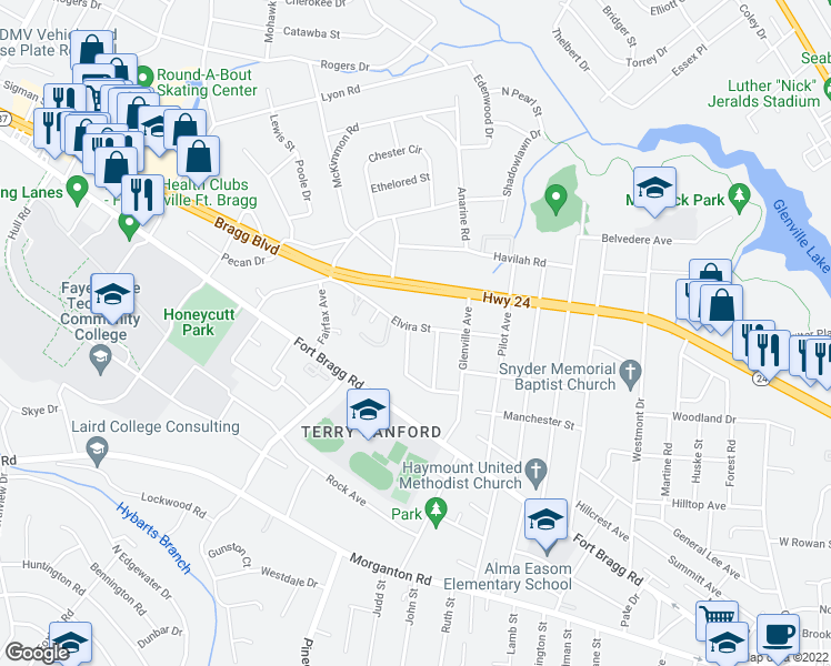 map of restaurants, bars, coffee shops, grocery stores, and more near 2116 Harlee Street in Fayetteville