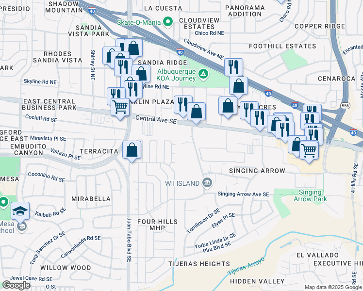 map of restaurants, bars, coffee shops, grocery stores, and more near 213 Hanosh Court Southeast in Albuquerque