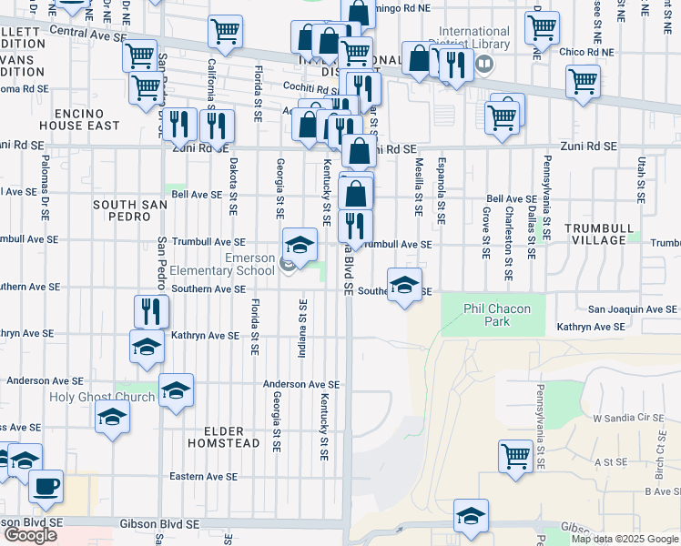 map of restaurants, bars, coffee shops, grocery stores, and more near 7100 Trumbull Avenue Southeast in Albuquerque