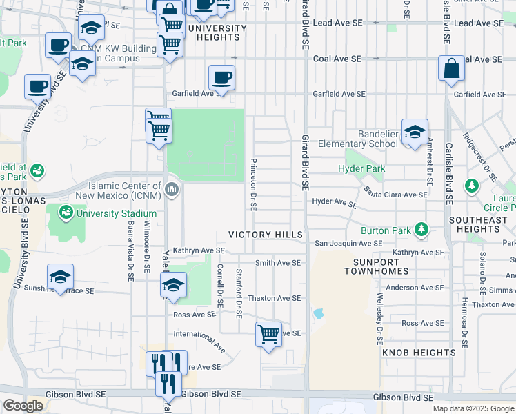 map of restaurants, bars, coffee shops, grocery stores, and more near 1109 Princeton Drive Southeast in Albuquerque