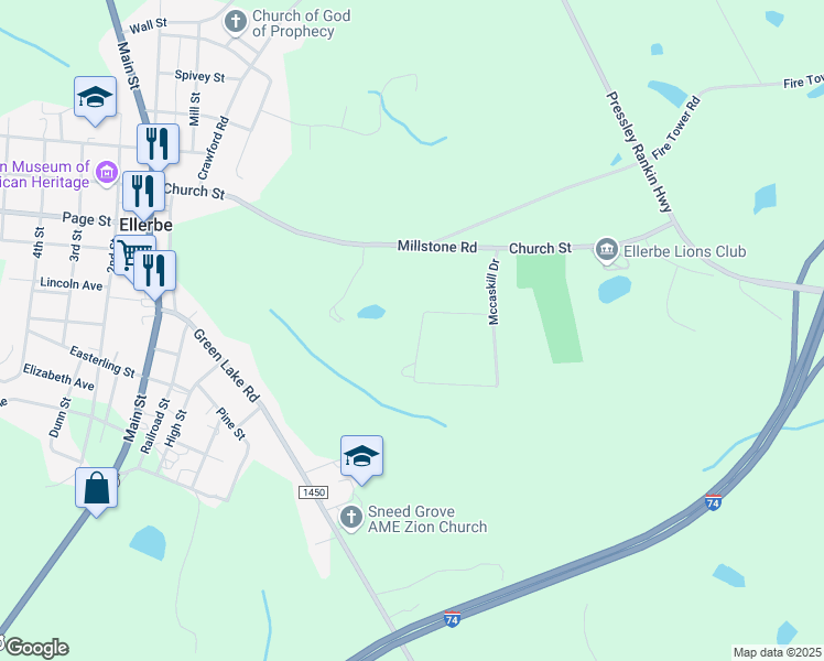 map of restaurants, bars, coffee shops, grocery stores, and more near 159 Brookwood Lane in Ellerbe