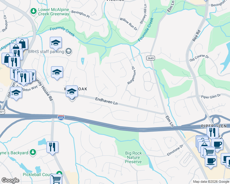 map of restaurants, bars, coffee shops, grocery stores, and more near 10500 Dairy Court in Charlotte