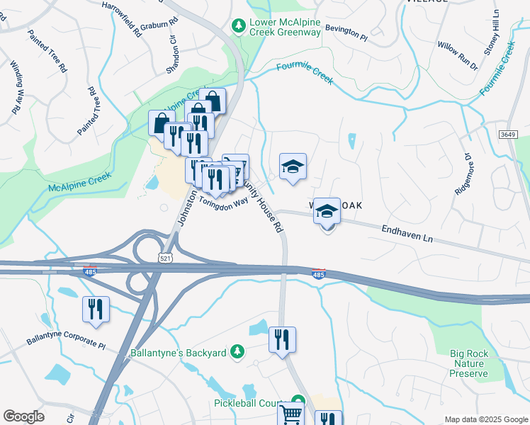 map of restaurants, bars, coffee shops, grocery stores, and more near 12149 North Community House Road in Charlotte