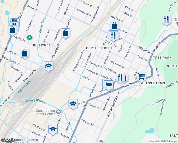 map of restaurants, bars, coffee shops, grocery stores, and more near 2605 Curtis Street in Chattanooga