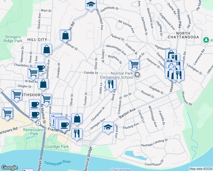 map of restaurants, bars, coffee shops, grocery stores, and more near 671 Tremont Place in Chattanooga