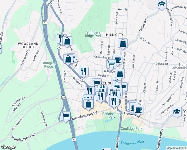 map of restaurants, bars, coffee shops, grocery stores, and more near 420 West Bell Avenue in Chattanooga