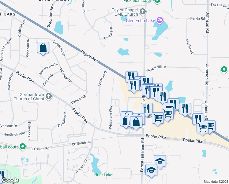 map of restaurants, bars, coffee shops, grocery stores, and more near 9047 Poplar Avenue in Germantown