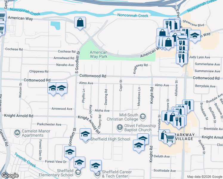 map of restaurants, bars, coffee shops, grocery stores, and more near 2947 Danville Road in Memphis
