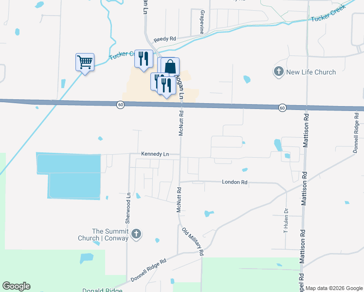 map of restaurants, bars, coffee shops, grocery stores, and more near 3601 Dave Ward Drive in Conway