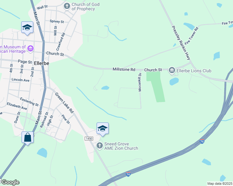 map of restaurants, bars, coffee shops, grocery stores, and more near 159 Brookwood Lane in Ellerbe