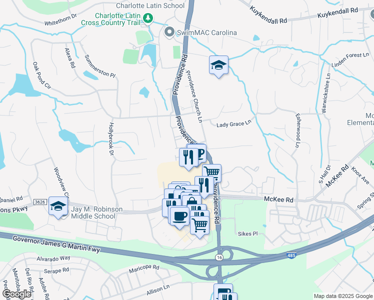 map of restaurants, bars, coffee shops, grocery stores, and more near 5312 Berkeley Pines Lane in Charlotte