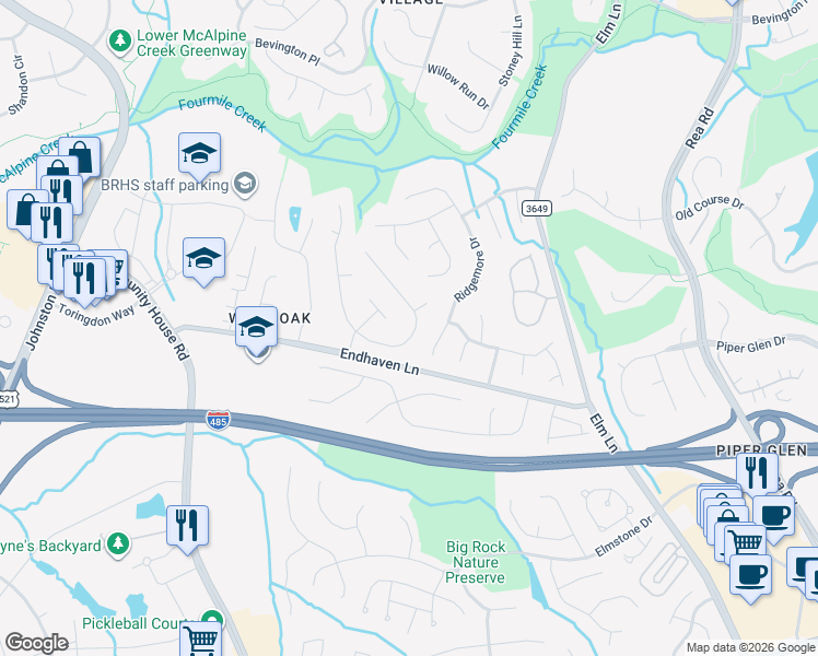 map of restaurants, bars, coffee shops, grocery stores, and more near 10500 Dairy Court in Charlotte