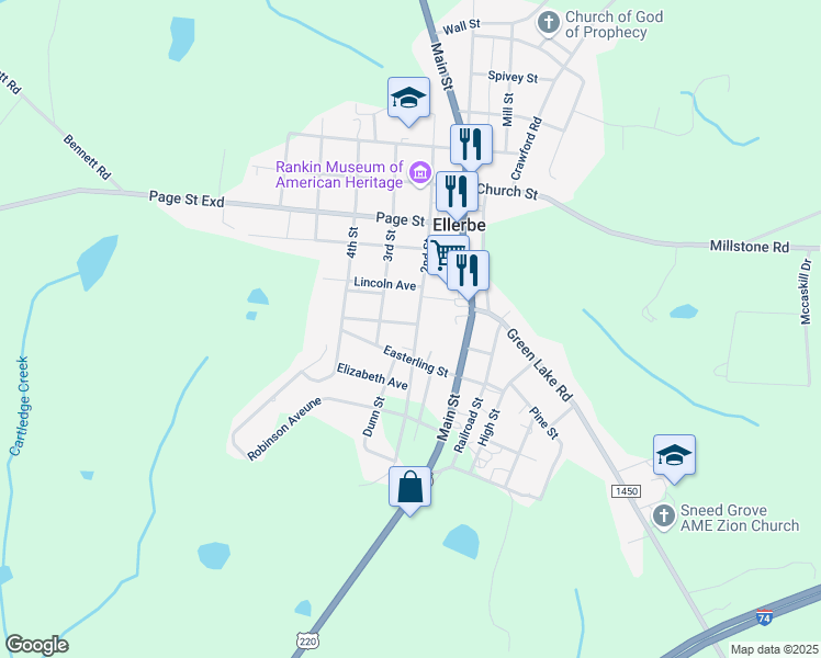 map of restaurants, bars, coffee shops, grocery stores, and more near 207 2nd Street in Ellerbe