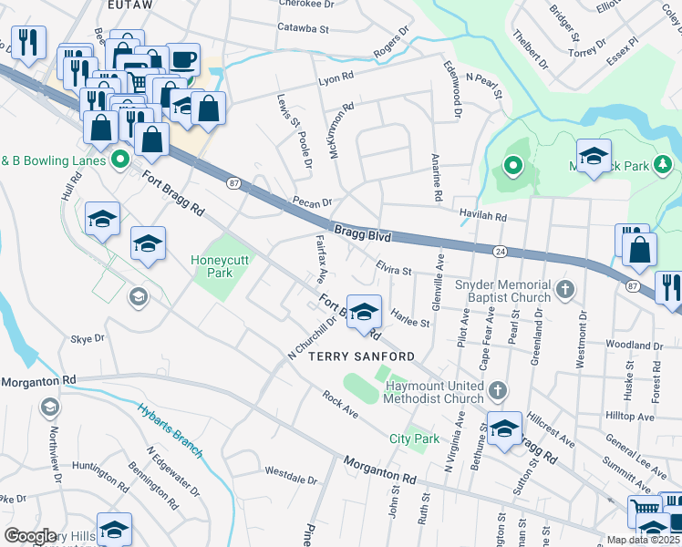 map of restaurants, bars, coffee shops, grocery stores, and more near 412 Fairfax Avenue in Fayetteville
