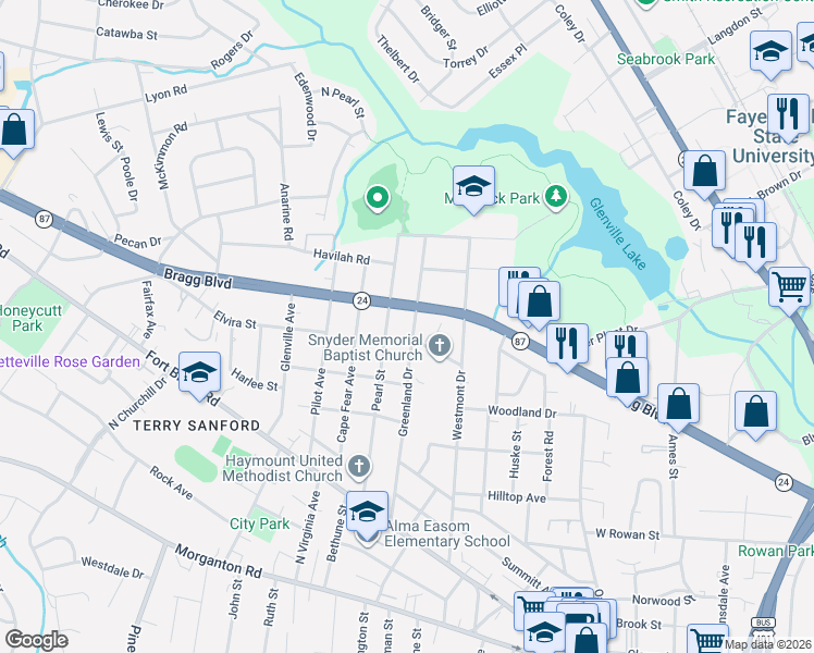 map of restaurants, bars, coffee shops, grocery stores, and more near 552 Pearl Street in Fayetteville