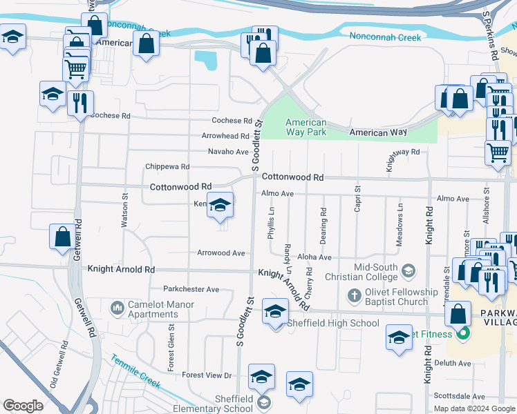 map of restaurants, bars, coffee shops, grocery stores, and more near 2964 South Goodlett Street in Memphis