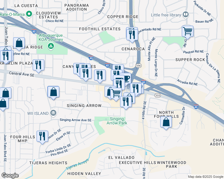 map of restaurants, bars, coffee shops, grocery stores, and more near 13140 Central Avenue Southeast in Albuquerque