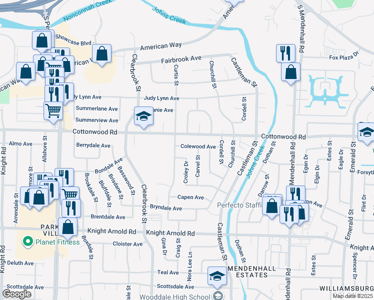 map of restaurants, bars, coffee shops, grocery stores, and more near 5061 Colewood Avenue in Memphis