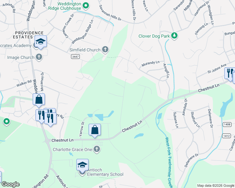 map of restaurants, bars, coffee shops, grocery stores, and more near 3201 Fairforest Drive in Matthews