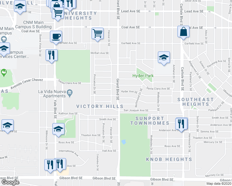 map of restaurants, bars, coffee shops, grocery stores, and more near 1204 Vassar Drive Southeast in Albuquerque