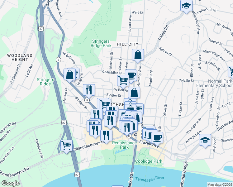 map of restaurants, bars, coffee shops, grocery stores, and more near 600 Snow Street in Chattanooga