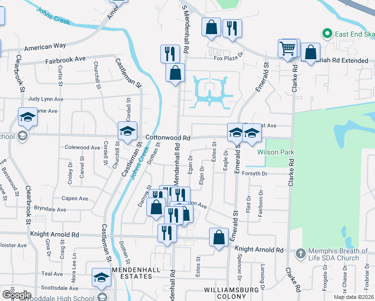 map of restaurants, bars, coffee shops, grocery stores, and more near 5367 Cottonwood Road in Memphis
